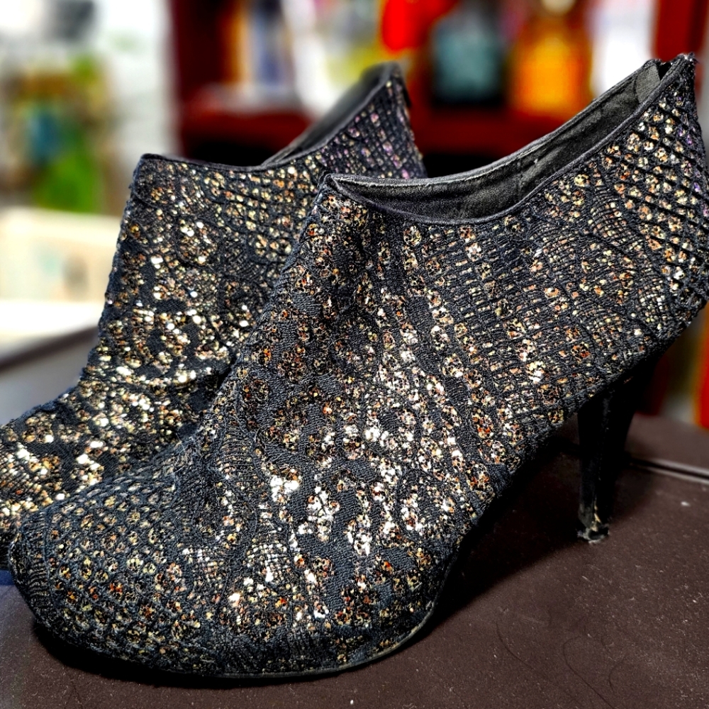 Black Lace & Gold Sequin Heeled Booties